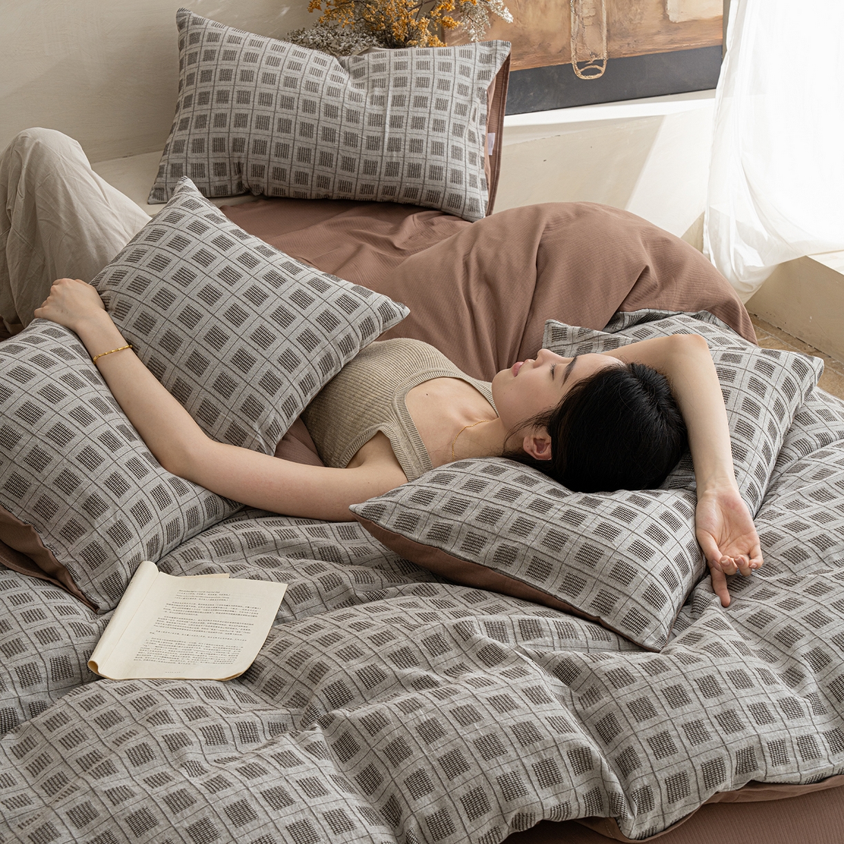 小叮当家纺仓储工厂店 2025新款秋冬(热买家秀不断货)亲肤舒适棉麻提花全棉纯棉磨毛四件套禾屿禾屿系列 禾屿·棕