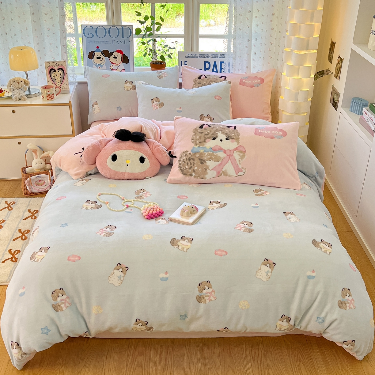 91家纺网 家纺一手货源 找家纺 如一 2025新款高克重卡通印花牛奶绒四件套第二批 娇气猫