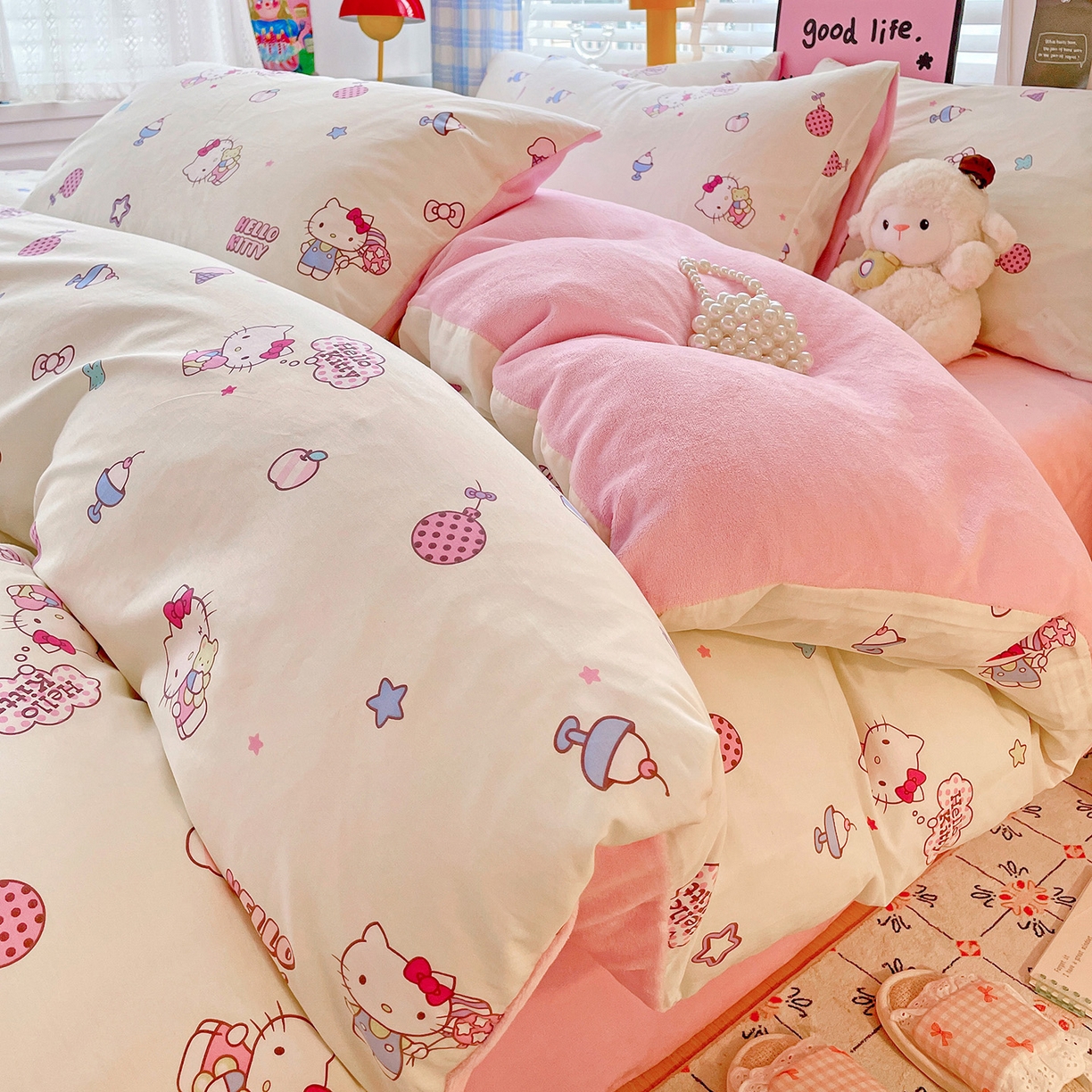 91家纺网 家纺一手货源 找家纺 朵希曼 2026新款棉绒卡通三丽鸥棉加绒印花系列四件套 甜甜凯蒂