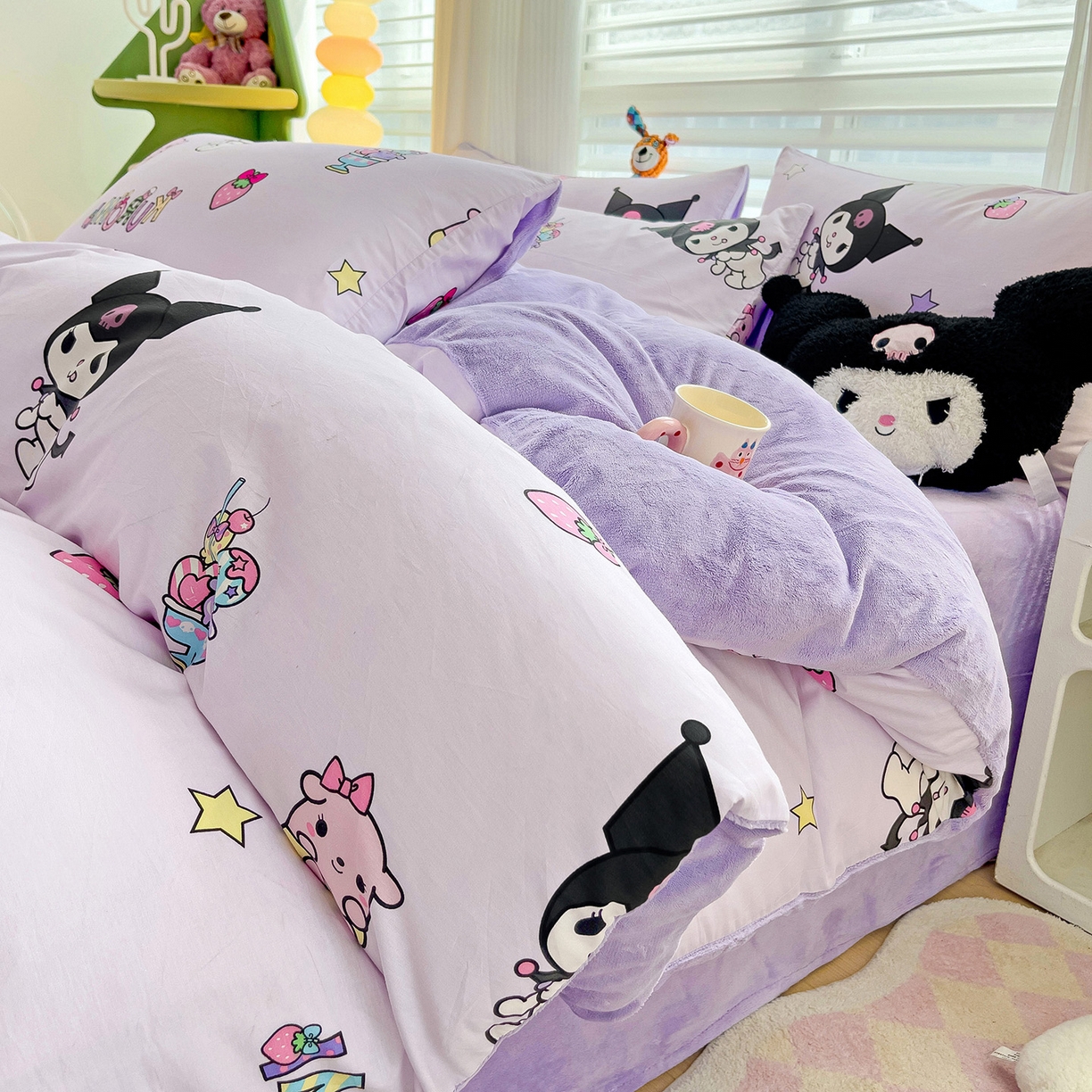 91家纺网 家纺一手货源 找家纺 朵希曼 2026新款棉绒卡通三丽鸥棉加绒印花系列四件套 贪吃库洛米