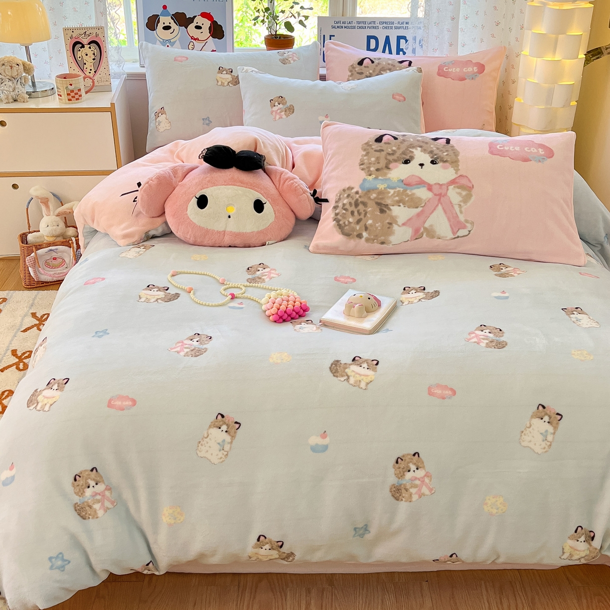 91家纺网 家纺一手货源 找家纺 如一 2025新款高克重卡通印花牛奶绒四件套第二批 娇气猫