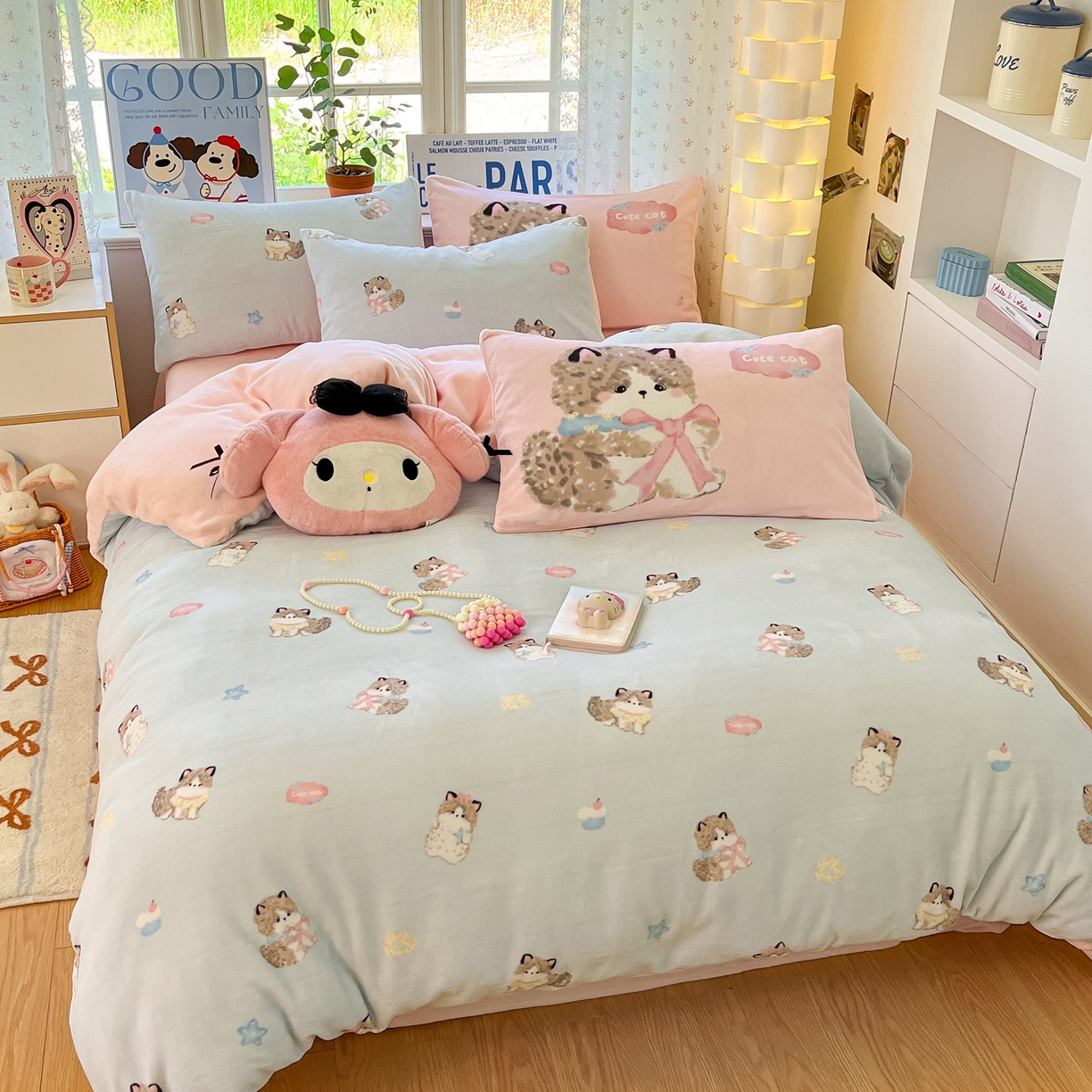 91家纺网 家纺一手货源 找家纺 如一 2025新款高克重卡通印花牛奶绒四件套第二批 娇气猫