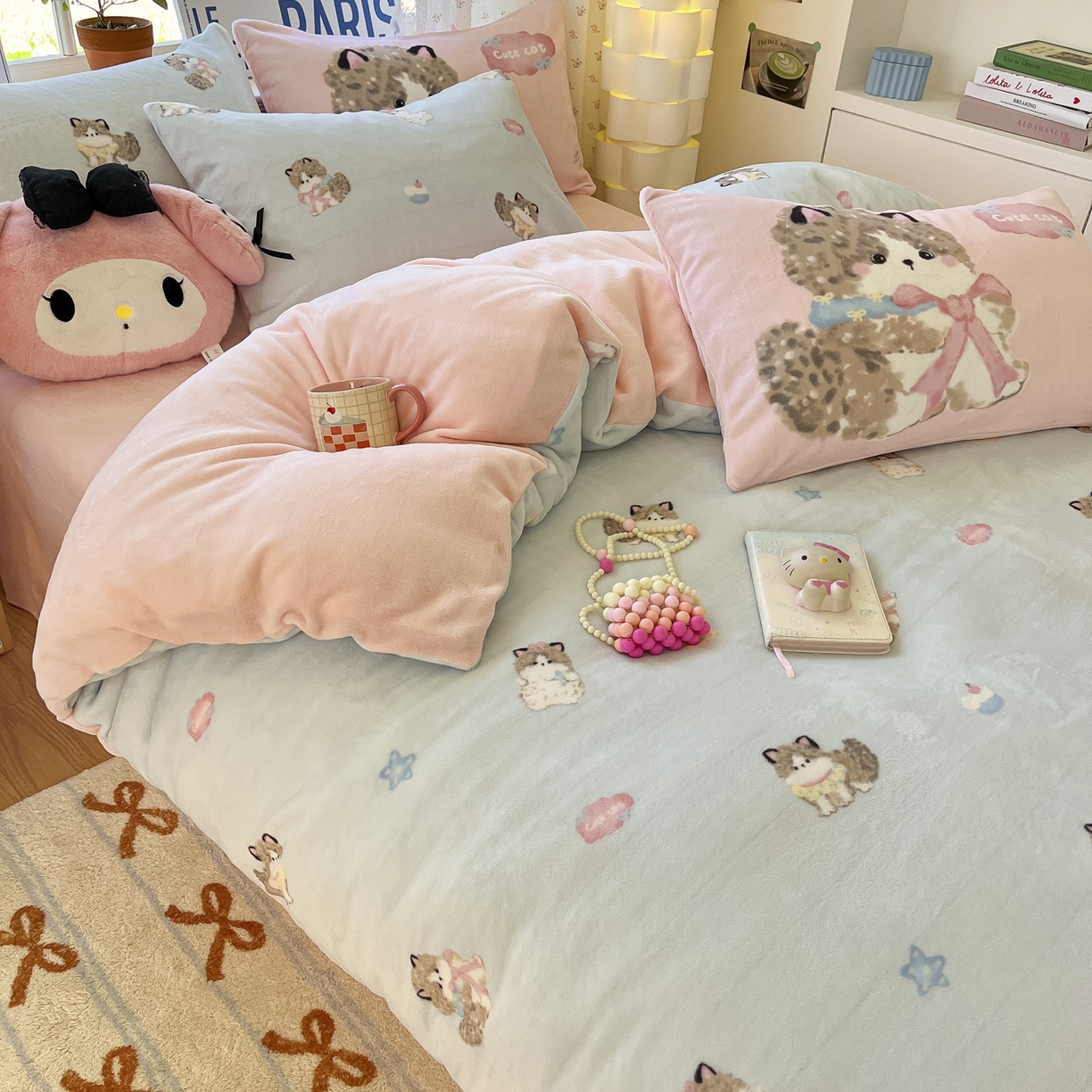 91家纺网 家纺一手货源 找家纺 如一 2025新款高克重卡通印花牛奶绒四件套第二批 娇气猫