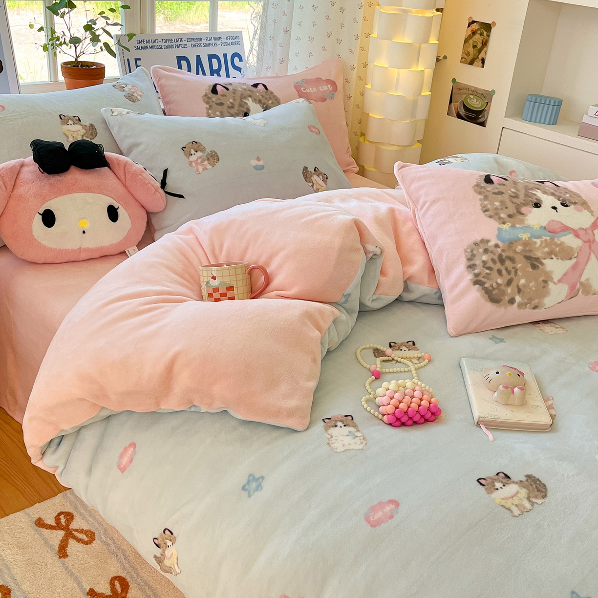 91家纺网 家纺一手货源 找家纺 如一 2025新款高克重卡通印花牛奶绒四件套第二批 娇气猫