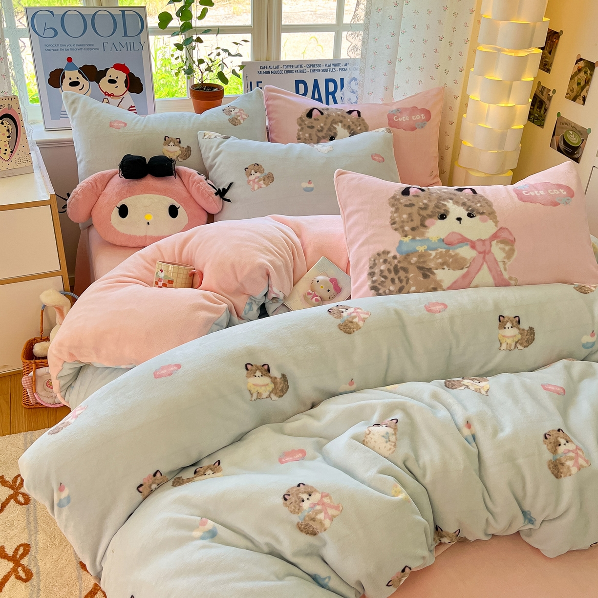 91家纺网 家纺一手货源 找家纺 如一 2025新款高克重卡通印花牛奶绒四件套第二批 娇气猫