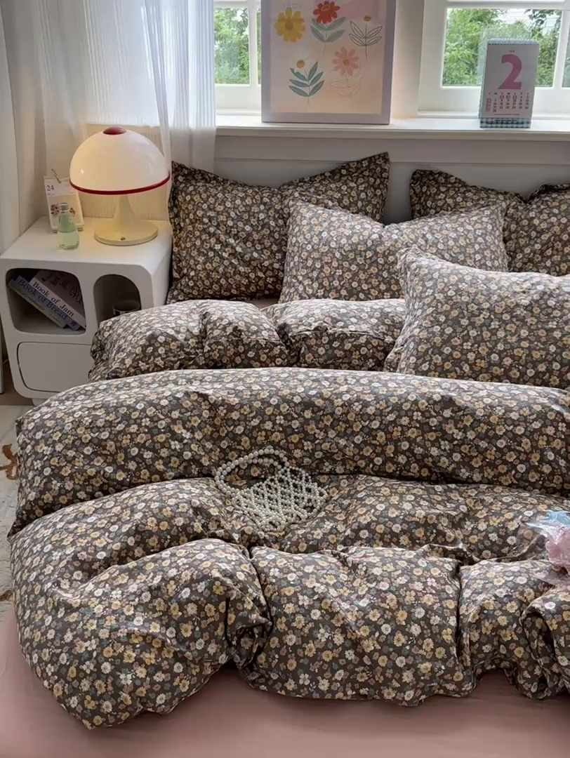 91家纺网 家纺一手货源 找家纺 德比尔斯 2025新款爆款韩国小布袋古法水洗棉云感棉四件套 瑾夕