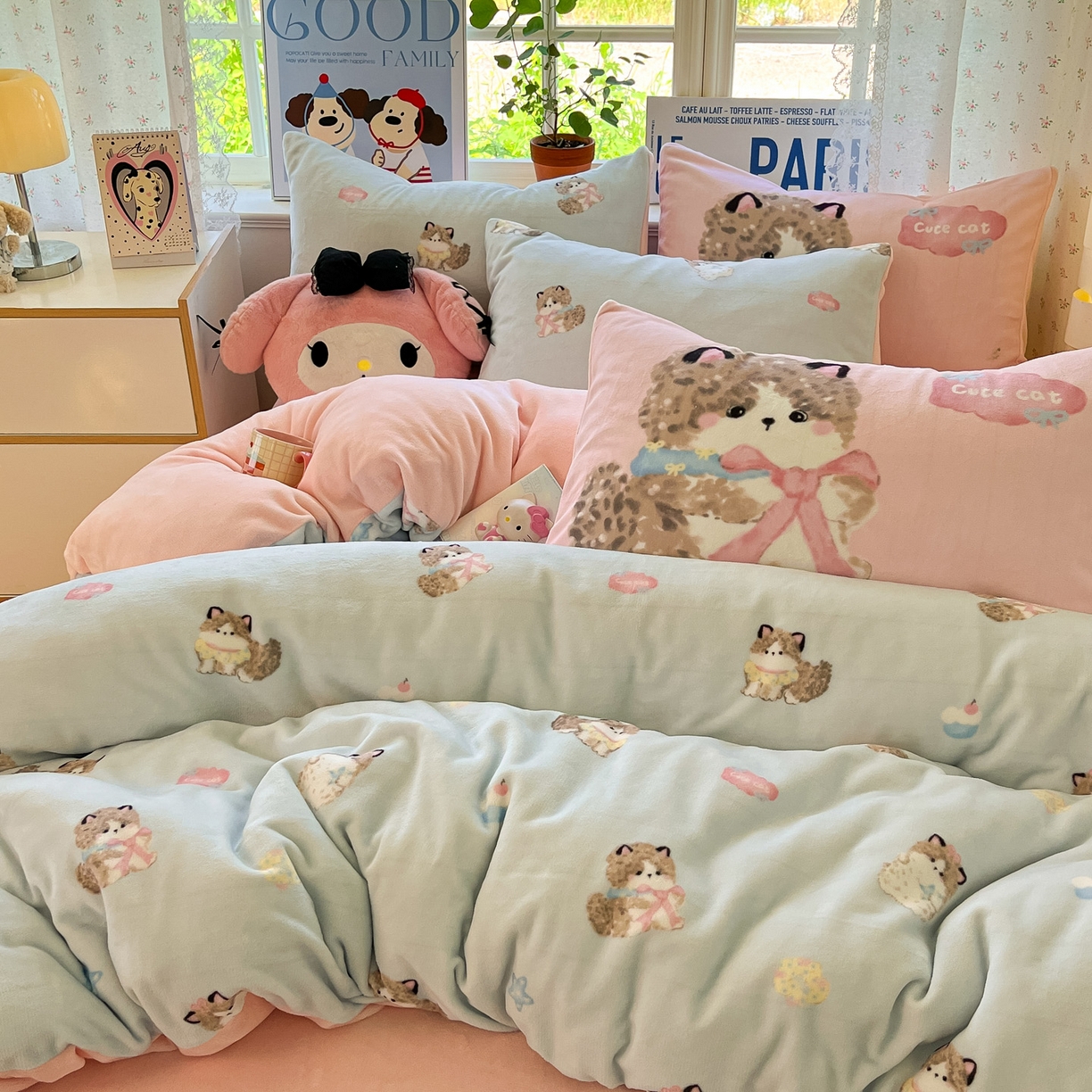 91家纺网 家纺一手货源 找家纺 如一 2025新款高克重卡通印花牛奶绒四件套第二批 娇气猫