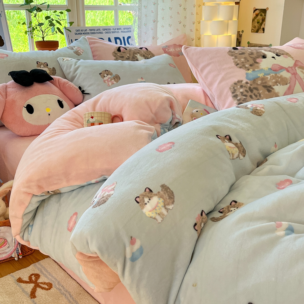 91家纺网 家纺一手货源 找家纺 如一 2025新款高克重卡通印花牛奶绒四件套第二批 娇气猫