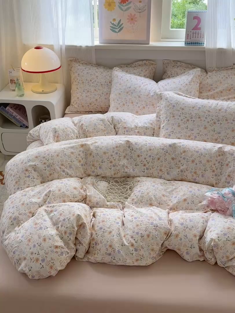 91家纺网 家纺一手货源 找家纺 德比尔斯 2025新款爆款韩国小布袋古法水洗棉云感棉四件套 莉莉安