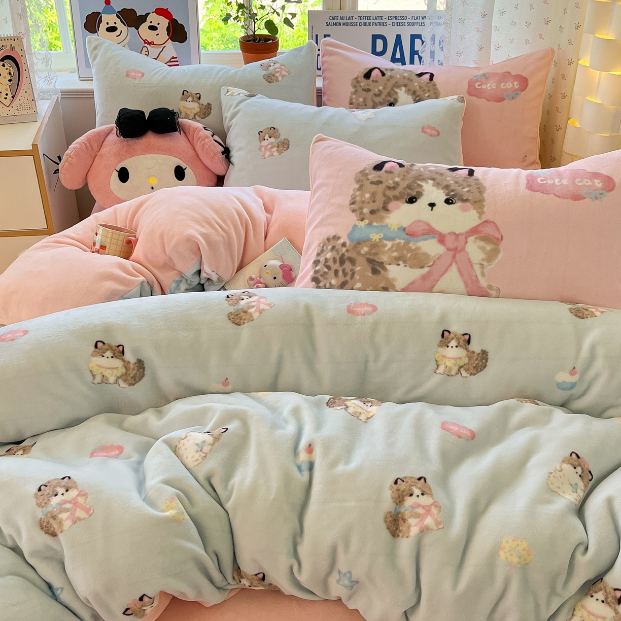 91家纺网 家纺一手货源 找家纺 如一 2025新款高克重卡通印花牛奶绒四件套第二批 娇气猫