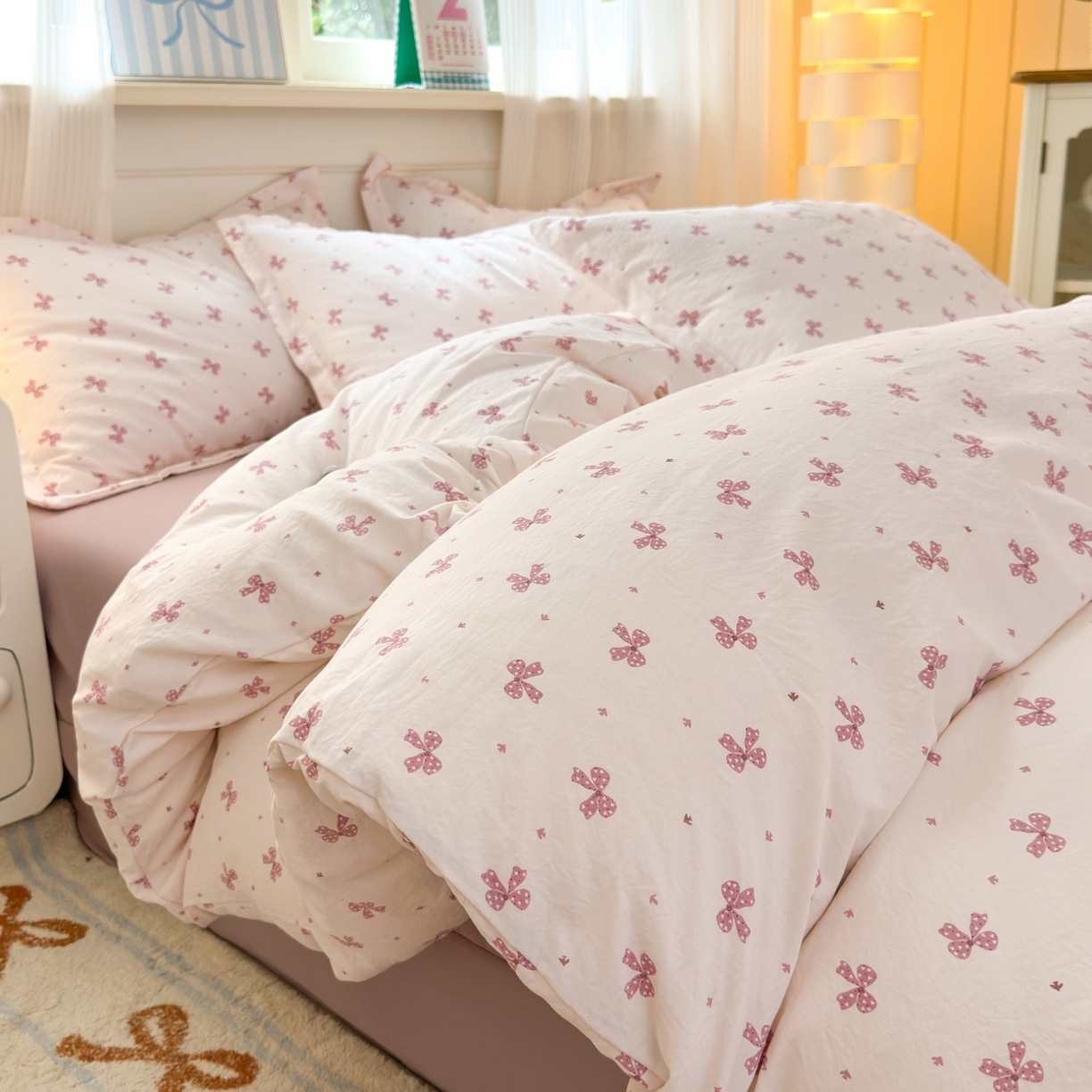 德比尔斯 2025新款爆款韩国小布袋古法水洗棉云感棉四件套 梦幻芭蕾粉