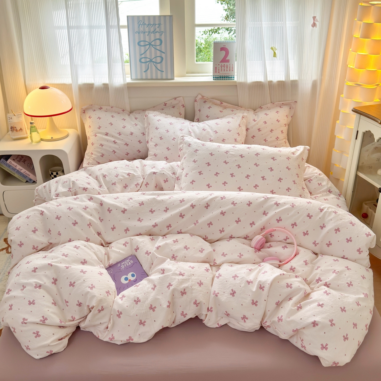 91家纺网 家纺一手货源 找家纺 德比尔斯 2025新款爆款韩国小布袋古法水洗棉云感棉四件套 梦幻芭蕾粉