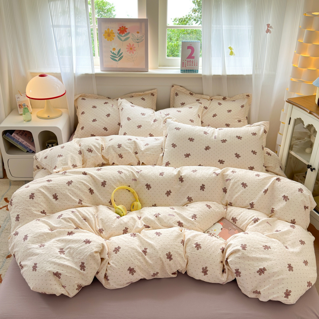 91家纺网 家纺一手货源 找家纺 德比尔斯 2025新款爆款韩国小布袋古法水洗棉云感棉四件套 梦想熊