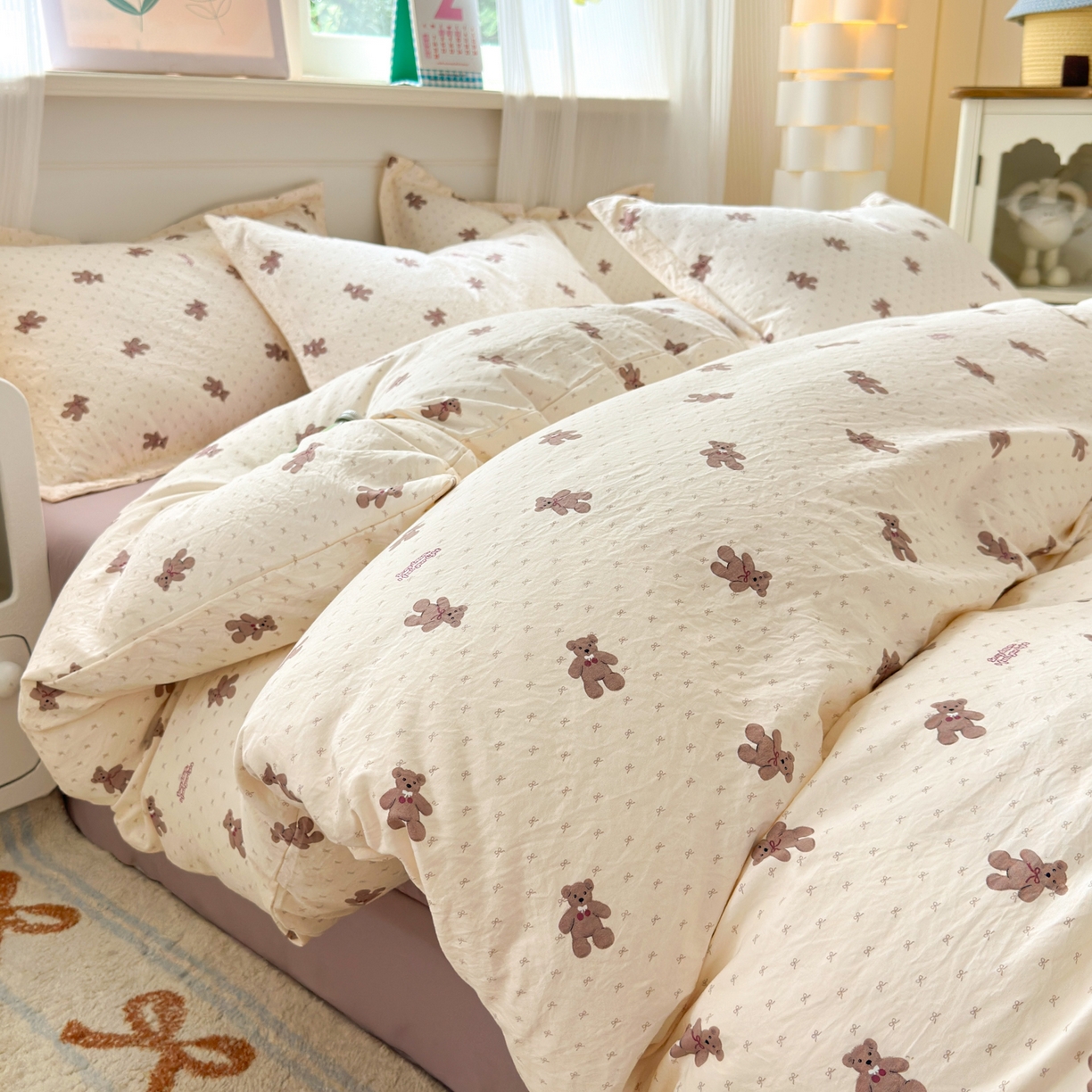 德比尔斯 2025新款爆款韩国小布袋古法水洗棉云感棉四件套 梦想熊