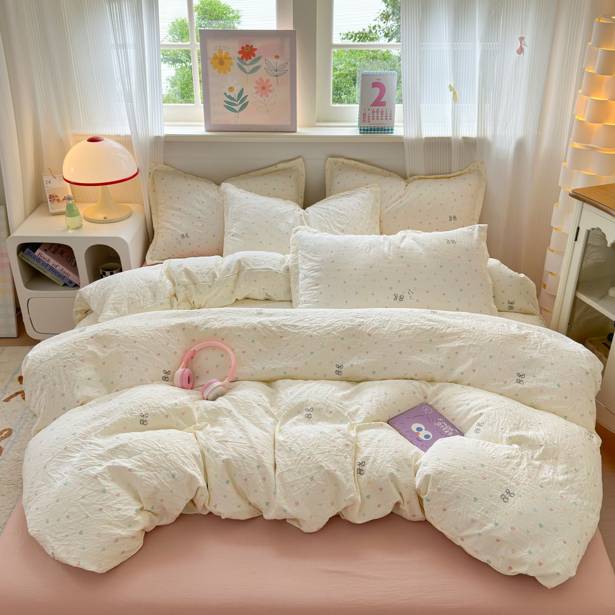 德比尔斯 2025新款爆款韩国小布袋古法水洗棉云感棉四件套 甜心樱桃