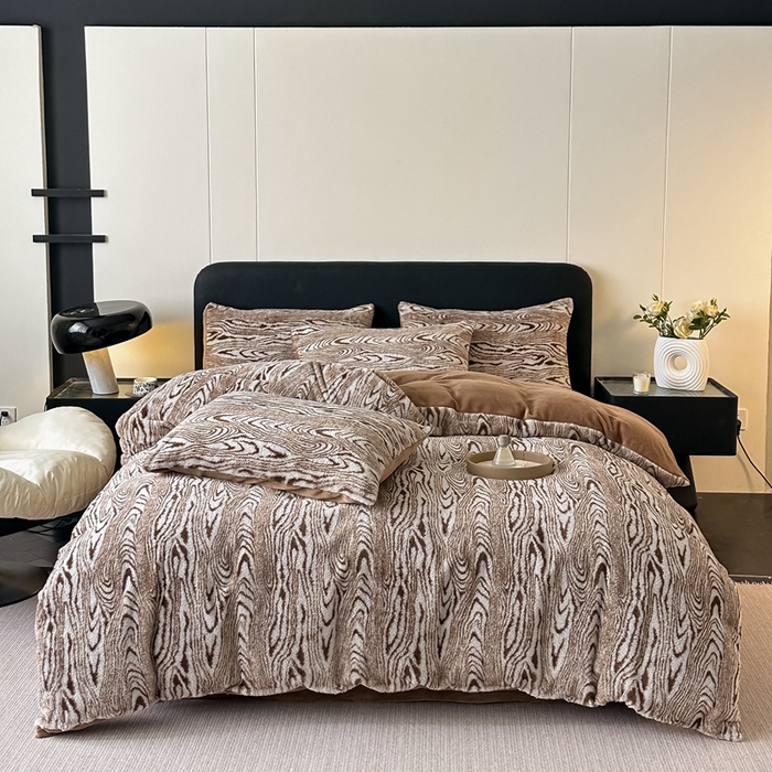 91家纺网 家纺一手货源 找家纺 居易简 2025新款亲肤保暖皮草绒牛奶绒AB面美拉德抽条兔毛绒四件套 静谧时光