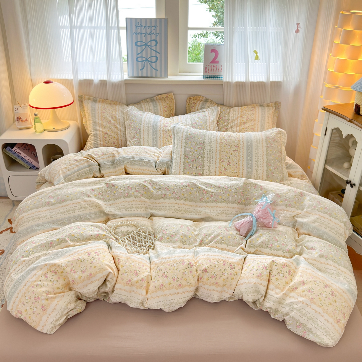 91家纺网 家纺一手货源 找家纺 德比尔斯 2025新款爆款韩国小布袋古法水洗棉云感棉四件套 一亩花田