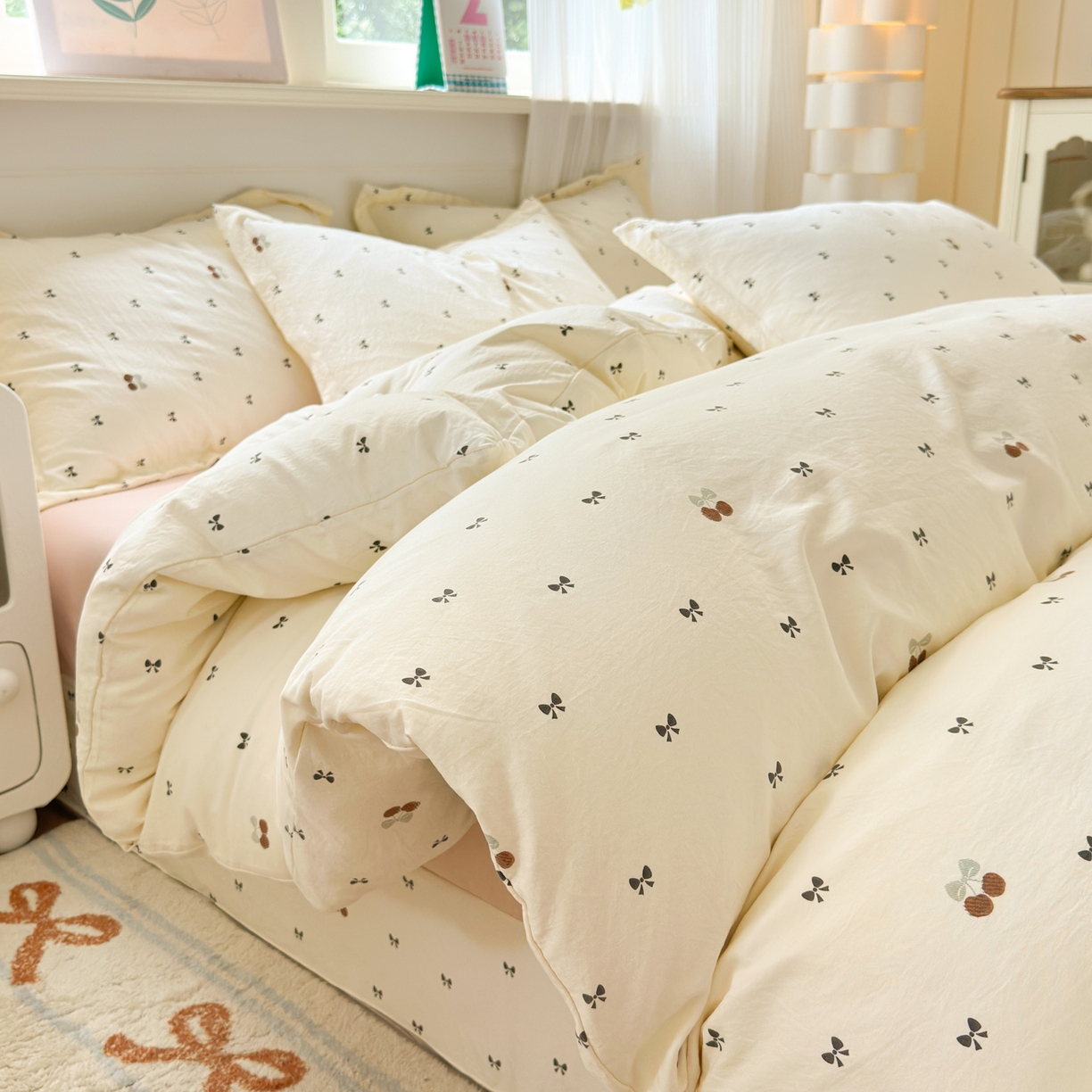 德比尔斯 2025新款爆款韩国小布袋古法水洗棉云感棉四件套 樱桃蝴蝶结