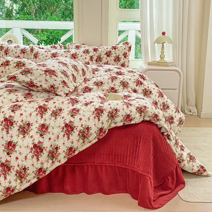 尚美 2025新款热卖款亲肤舒适加绒加厚牛奶绒花边床盖款四件套双面绒 梨花落AA