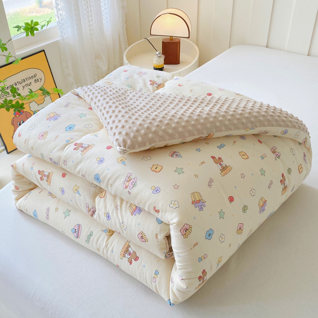 91家纺网 家纺一手货源 找家纺 （总）小叮当家纺仓储工厂店 2025新款A类母婴级全棉双层纱婴儿绒210g豆豆被20%大豆纤维单人双人被芯