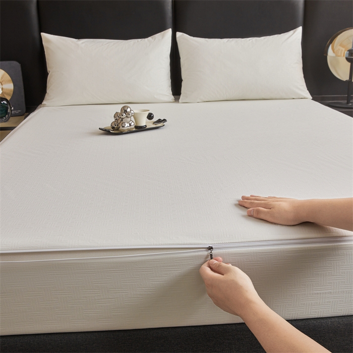 91家纺网 家纺一手货源 找家纺 糯米猪家纺 2025春夏新款亲肤棉六面全包防水压花床笠单件单床笠 典雅白