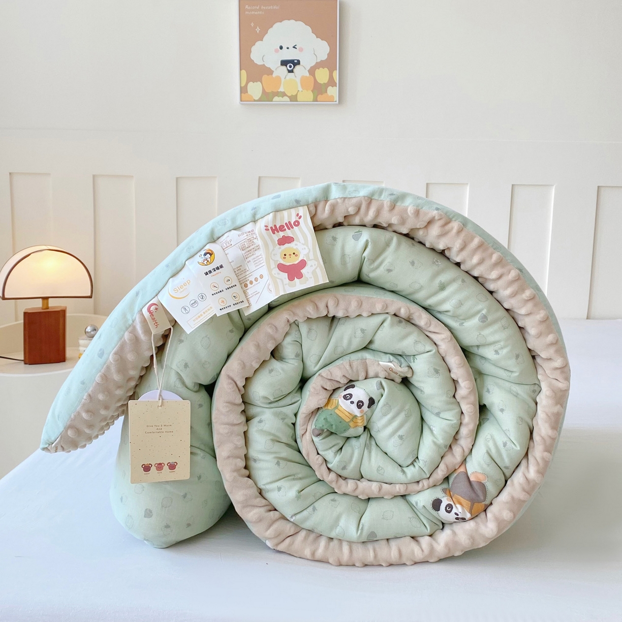 91家纺网 家纺一手货源 找家纺 小叮当家纺仓储工厂店 2025新款A类母婴级全棉双层纱婴儿绒210g豆豆被20%大豆纤维单人双人被芯 功夫熊猫