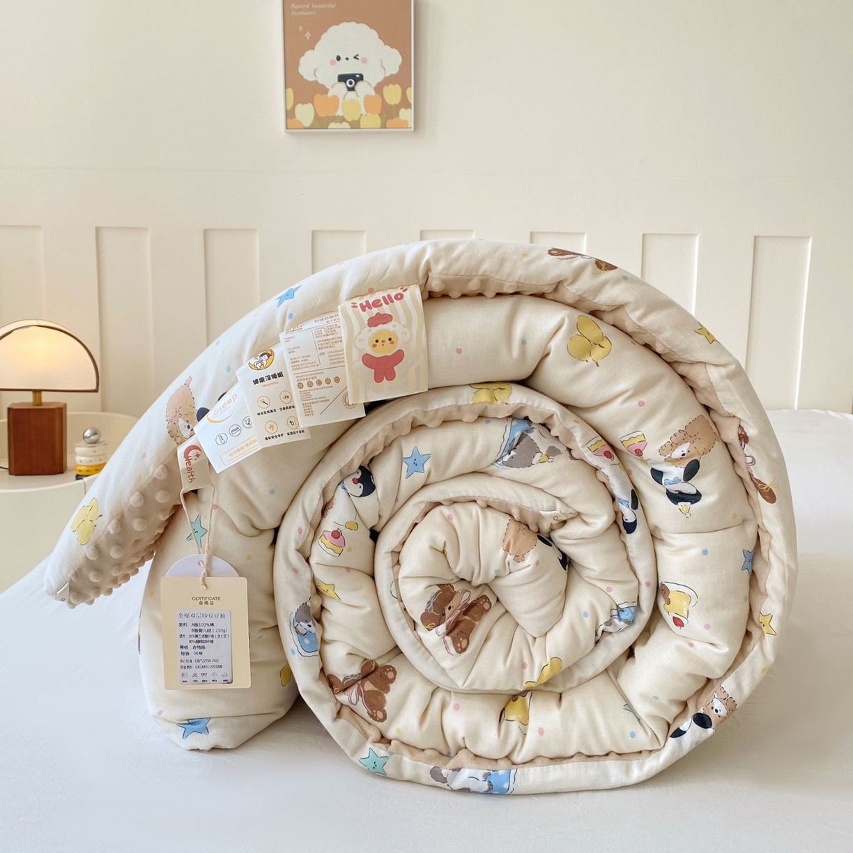 91家纺网 家纺一手货源 找家纺 小叮当家纺仓储工厂店 2025新款A类母婴级全棉双层纱婴儿绒210g豆豆被20%大豆纤维单人双人被芯 派宠