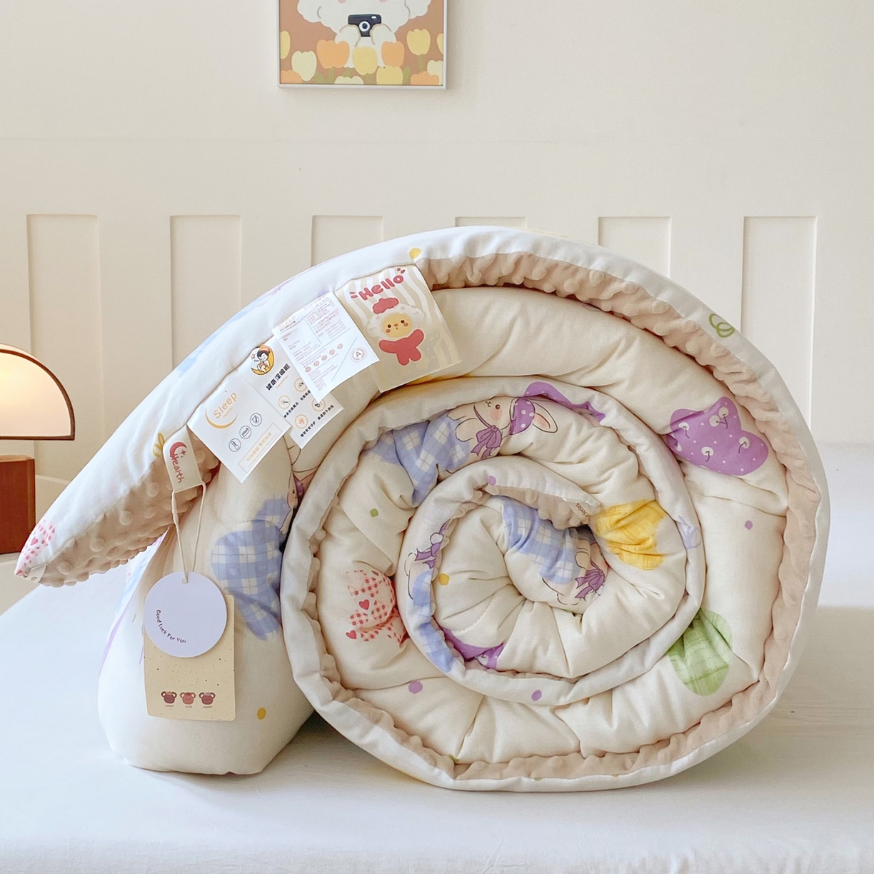 91家纺网 家纺一手货源 找家纺 小叮当家纺仓储工厂店 2025新款A类母婴级全棉双层纱婴儿绒210g豆豆被20%大豆纤维单人双人被芯 柔星梦香