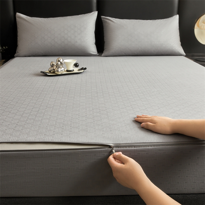 91家纺网 家纺一手货源 找家纺 糯米猪家纺 2025春夏新款亲肤棉六面全包防水压花床笠单件单床笠 高级灰