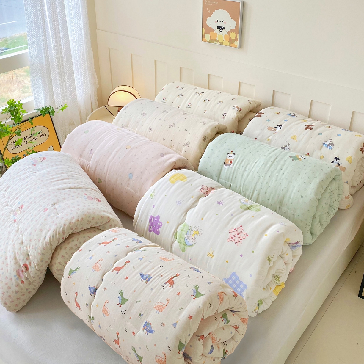 91家纺网 家纺一手货源 找家纺 小叮当家纺仓储工厂店 2025新款A类母婴级全棉双层纱婴儿绒210g豆豆被20%大豆纤维单人双人被芯 组合图仅供展示不可下单