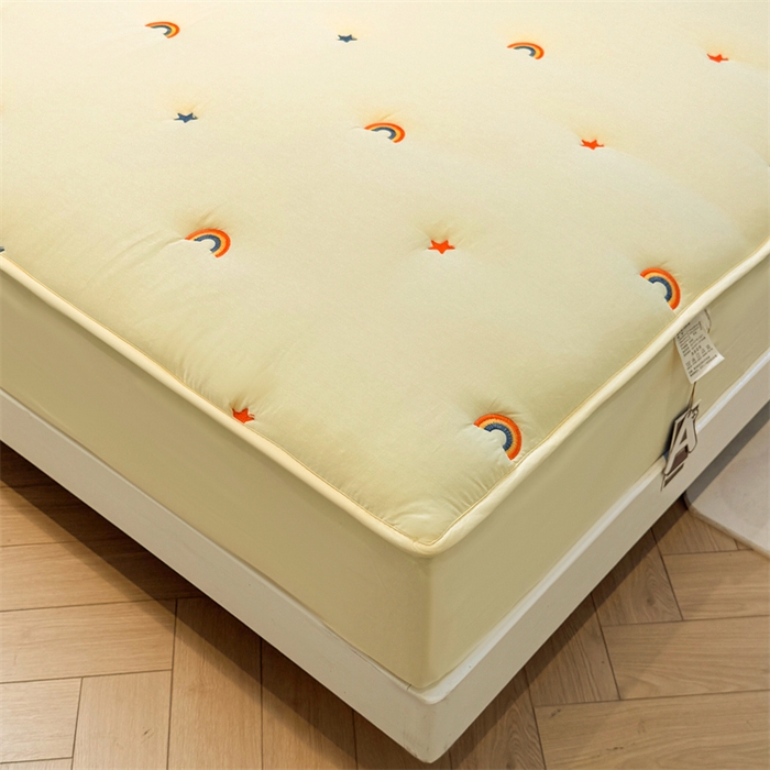 91家纺网 家纺一手货源 找家纺 糯米猪家纺 2025新款全棉纯棉彩虹刺绣款床笠单品床笠床笠单件 彩虹-鹅黄