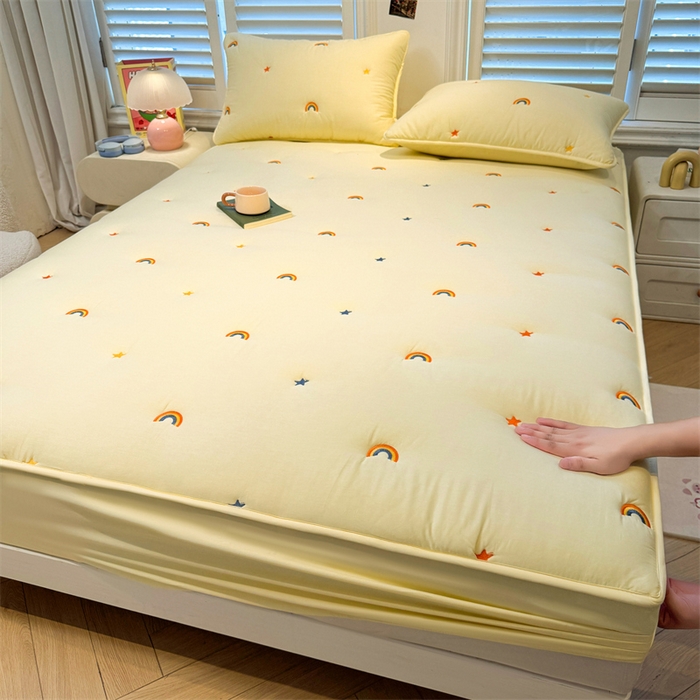 91家纺网 家纺一手货源 找家纺 糯米猪家纺 2025新款全棉纯棉彩虹刺绣款床笠单品床笠床笠单件 彩虹-鹅黄