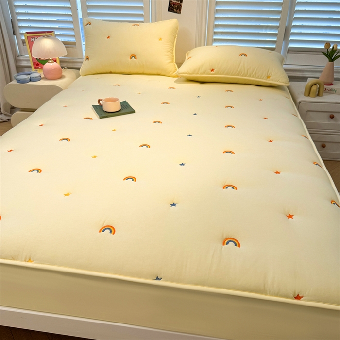 91家纺网 家纺一手货源 找家纺 糯米猪家纺 2025新款全棉纯棉彩虹刺绣款床笠单品床笠床笠单件 彩虹-鹅黄