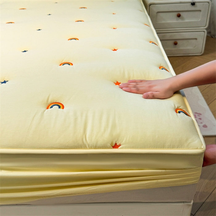 91家纺网 家纺一手货源 找家纺 糯米猪家纺 2025新款全棉纯棉彩虹刺绣款床笠单品床笠床笠单件 彩虹-鹅黄