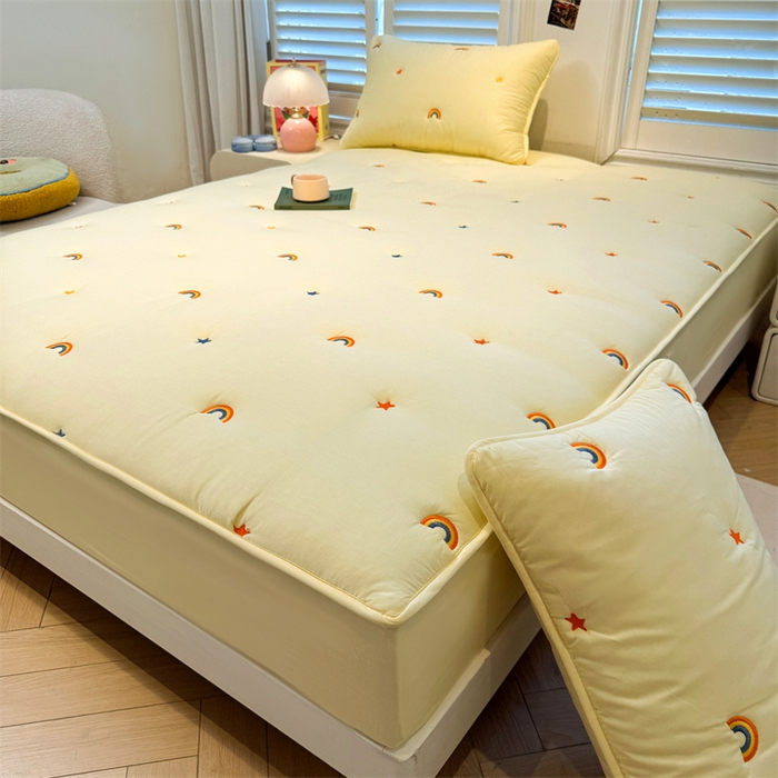 91家纺网 家纺一手货源 找家纺 糯米猪家纺 2025新款全棉纯棉彩虹刺绣款床笠单品床笠床笠单件 彩虹-鹅黄