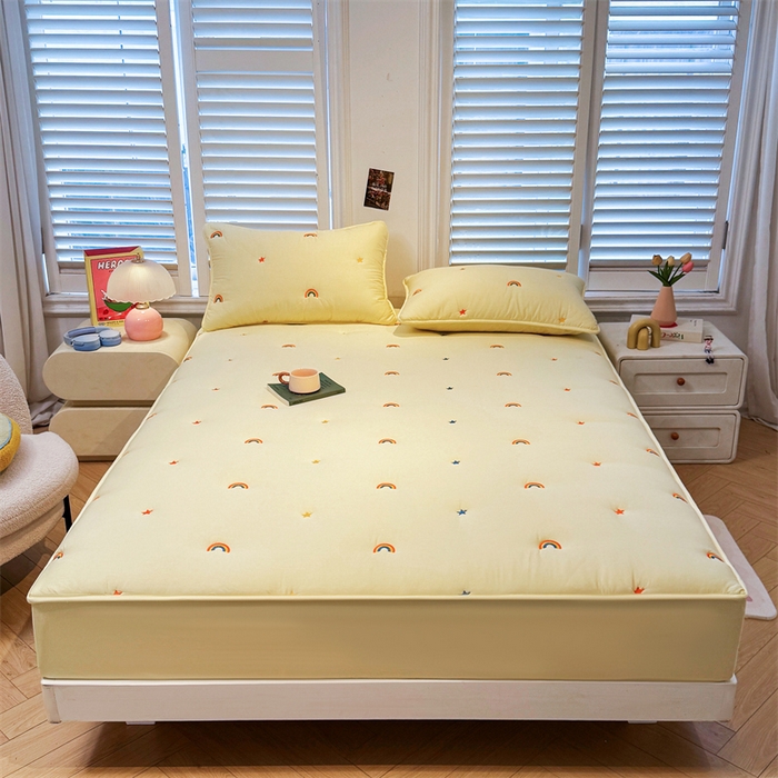 91家纺网 家纺一手货源 找家纺 糯米猪家纺 2025新款全棉纯棉彩虹刺绣款床笠单品床笠床笠单件 彩虹-鹅黄