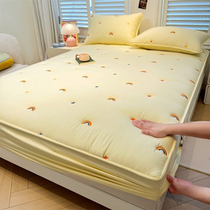 91家纺网 家纺一手货源 找家纺 糯米猪家纺 2025新款全棉纯棉彩虹刺绣款床笠单品床笠床笠单件 彩虹-鹅黄