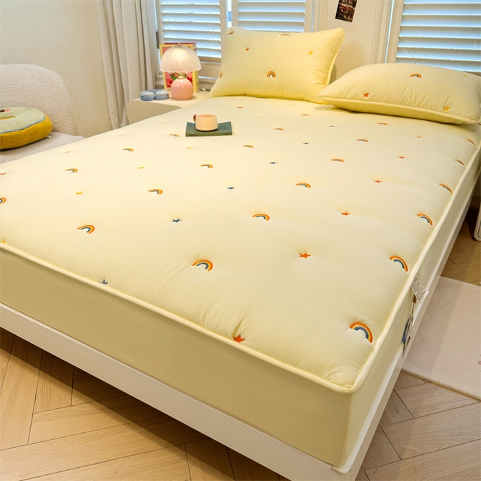 91家纺网 家纺一手货源 找家纺 糯米猪家纺 2025新款全棉纯棉彩虹刺绣款床笠单品床笠床笠单件 彩虹-鹅黄