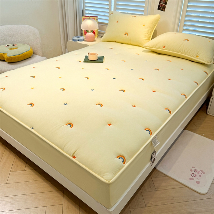 91家纺网 家纺一手货源 找家纺 糯米猪家纺 2025新款全棉纯棉彩虹刺绣款床笠单品床笠床笠单件 彩虹-鹅黄