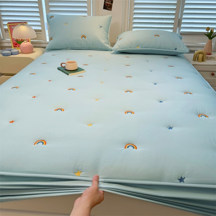 91家纺网 家纺一手货源 找家纺 糯米猪家纺 2025新款全棉纯棉彩虹刺绣款床笠单品床笠床笠单件 彩虹-蓝