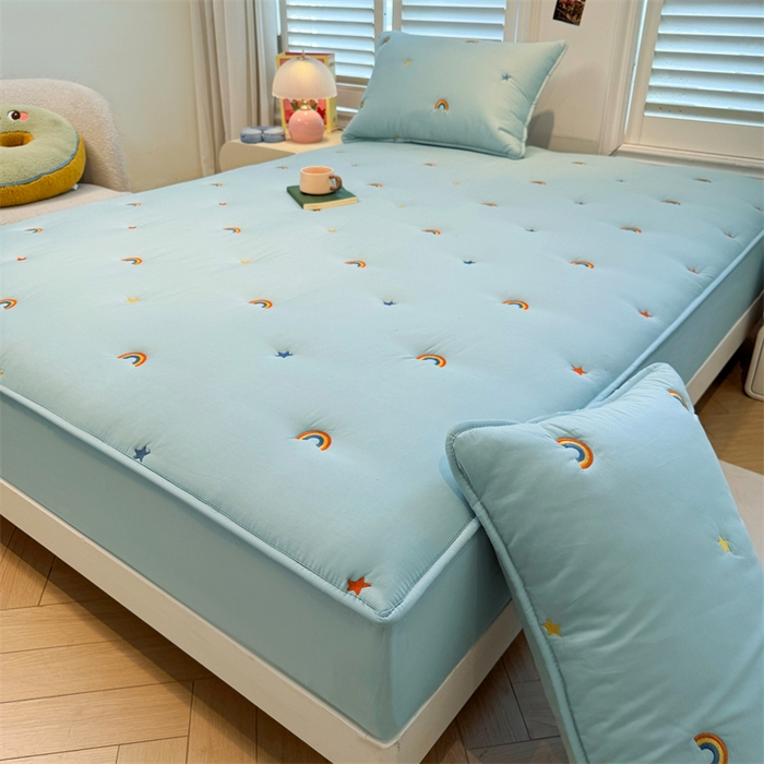 91家纺网 家纺一手货源 找家纺 糯米猪家纺 2025新款全棉纯棉彩虹刺绣款床笠单品床笠床笠单件 彩虹-蓝