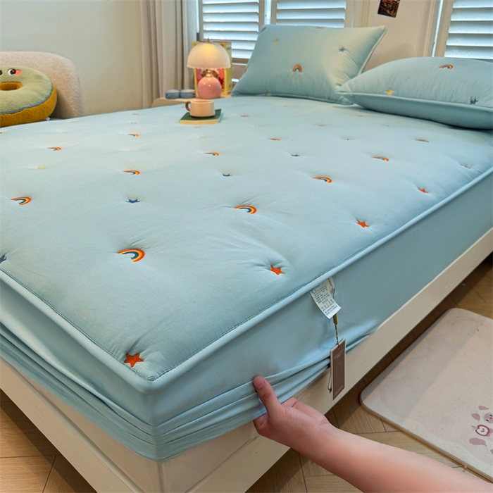 91家纺网 家纺一手货源 找家纺 糯米猪家纺 2025新款全棉纯棉彩虹刺绣款床笠单品床笠床笠单件 彩虹-蓝