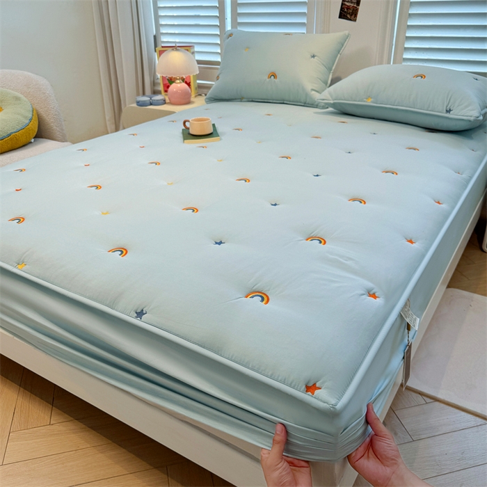 91家纺网 家纺一手货源 找家纺 糯米猪家纺 2025新款全棉纯棉彩虹刺绣款床笠单品床笠床笠单件 彩虹-蓝