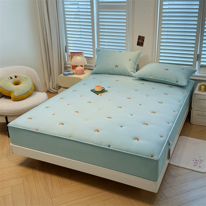 91家纺网 家纺一手货源 找家纺 糯米猪家纺 2025新款全棉纯棉彩虹刺绣款床笠单品床笠床笠单件 彩虹-蓝