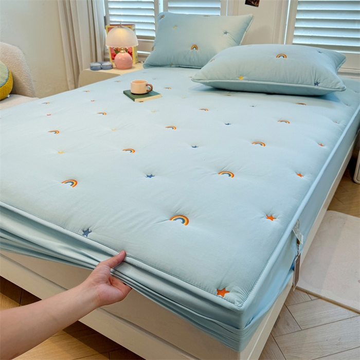 91家纺网 家纺一手货源 找家纺 糯米猪家纺 2025新款全棉纯棉彩虹刺绣款床笠单品床笠床笠单件 彩虹-蓝