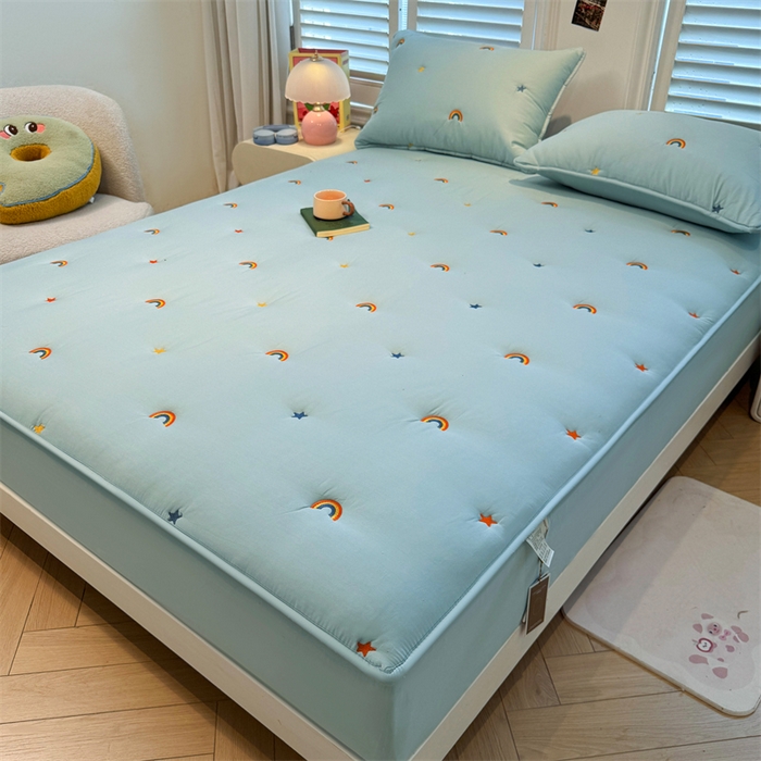 91家纺网 家纺一手货源 找家纺 糯米猪家纺 2025新款全棉纯棉彩虹刺绣款床笠单品床笠床笠单件 彩虹-蓝