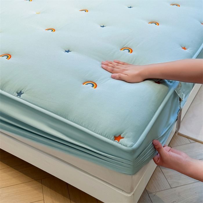 91家纺网 家纺一手货源 找家纺 糯米猪家纺 2025新款全棉纯棉彩虹刺绣款床笠单品床笠床笠单件 彩虹-蓝