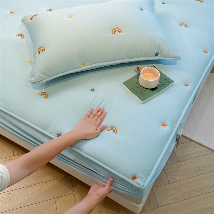 91家纺网 家纺一手货源 找家纺 糯米猪家纺 2025新款全棉纯棉彩虹刺绣款床笠单品床笠床笠单件 彩虹-蓝