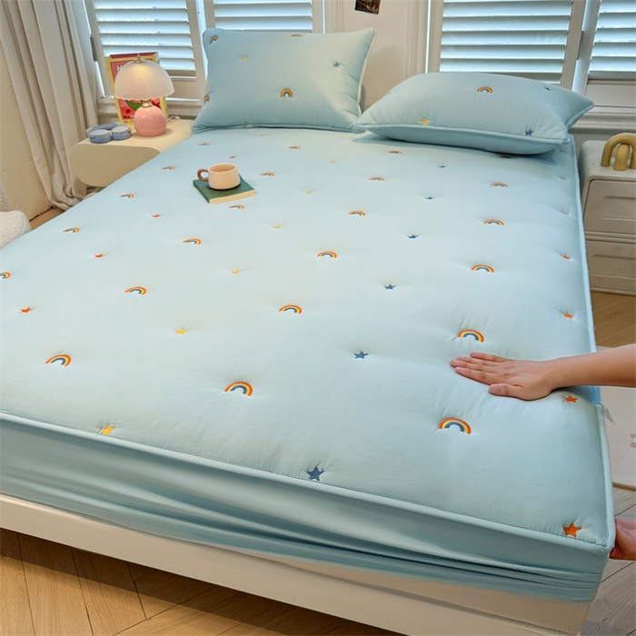 91家纺网 家纺一手货源 找家纺 糯米猪家纺 2025新款全棉纯棉彩虹刺绣款床笠单品床笠床笠单件 彩虹-蓝