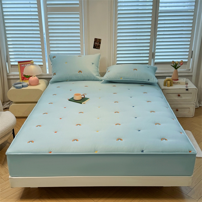 91家纺网 家纺一手货源 找家纺 糯米猪家纺 2025新款全棉纯棉彩虹刺绣款床笠单品床笠床笠单件 彩虹-蓝